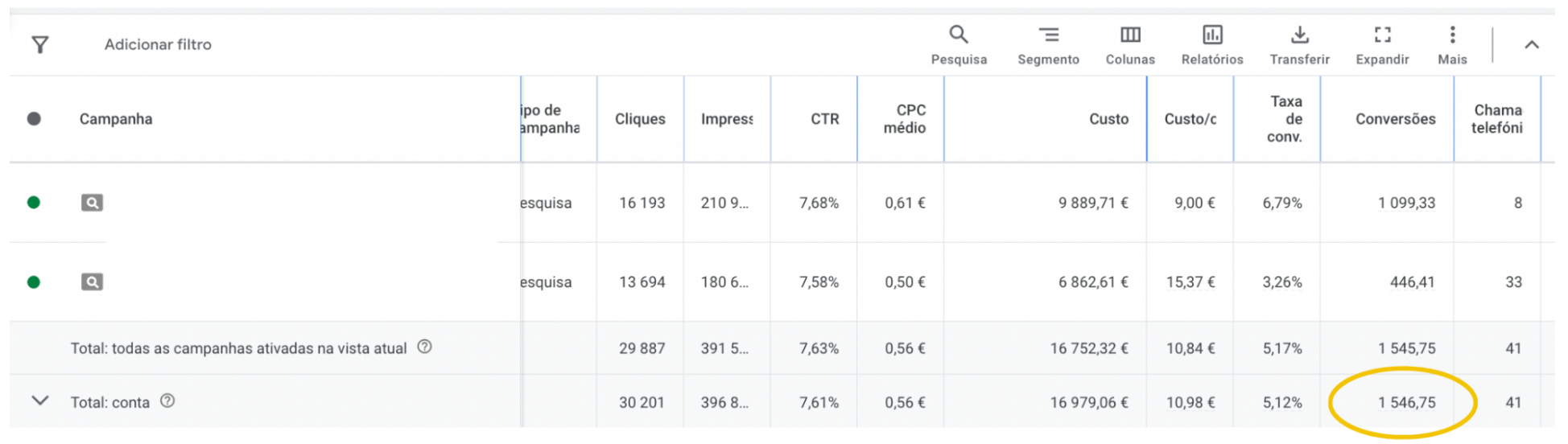 Conta Google Ads com 1 546 leads a 10,98€ cada